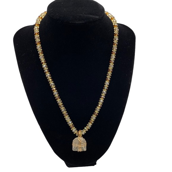 Beaded Brown & Gold Tone Necklace with Gemlike Crystal Pendant - Picture 1 of 10